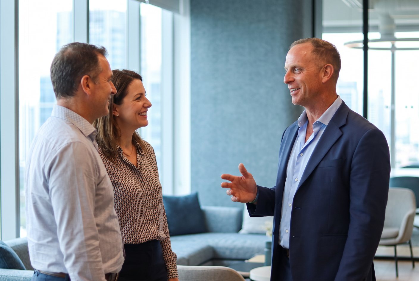 Jon Moser talking with two colleagues in a bright modern office lounge